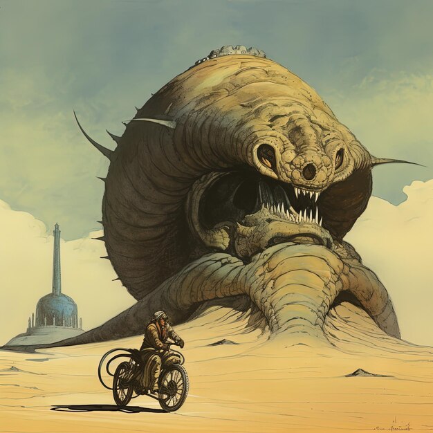 Photo a painting of a giant monster with a man on a motorcycle and a giant dragon