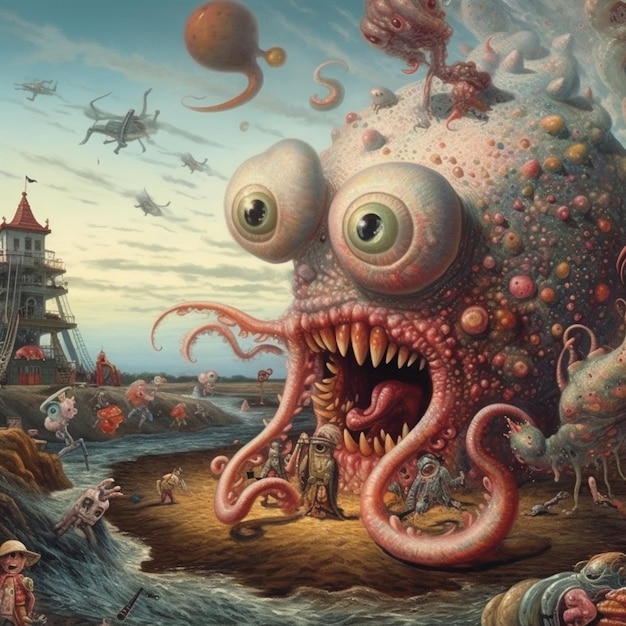 Painting of a giant octopus with a huge mouth and many people around it generative ai