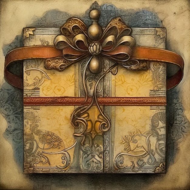 A painting of a gift wrapped in a gold ribbon and a bow.