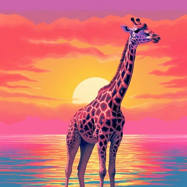 Photo painting of a giraffe standing in the water at sunset generative ai