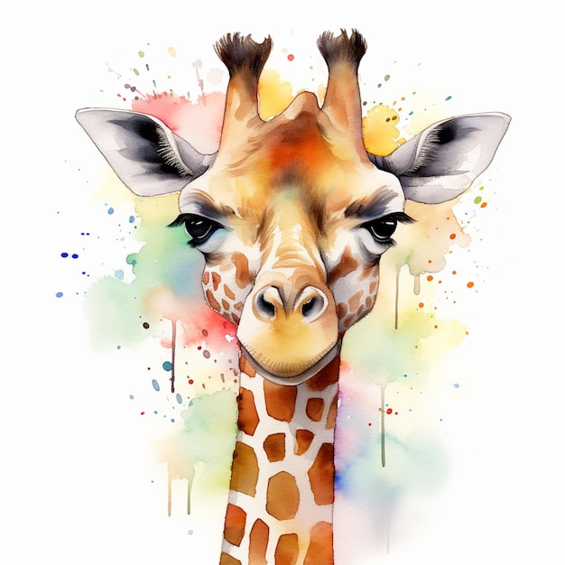 A painting of a giraffe with a blue and orange pattern.