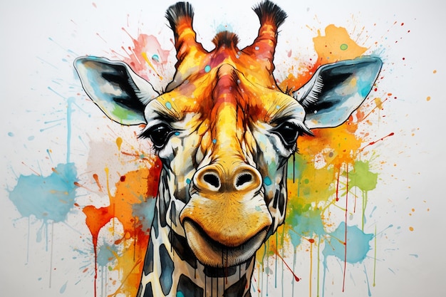 Painting of a giraffe with a colorful splash of paint on it generative ai