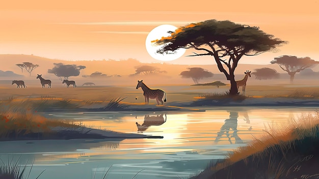 A painting of giraffes and a sunset in the background.