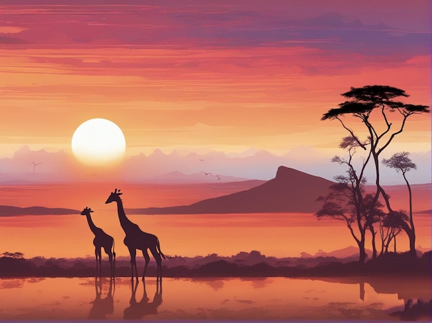 A painting of giraffes and a sunset with mountains in the background.