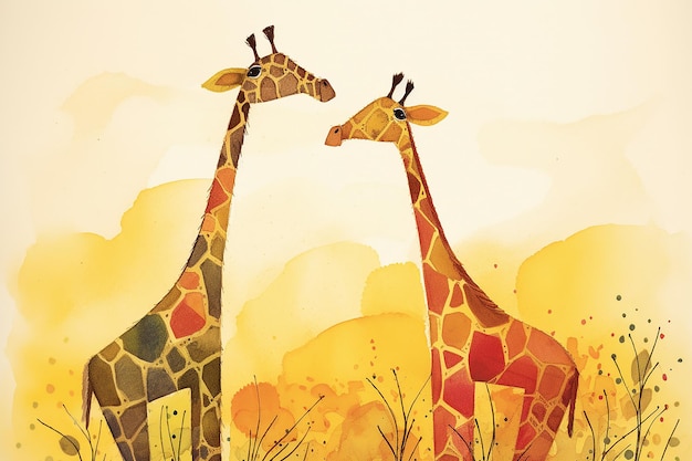 A painting of giraffes with yellow and orange colors.