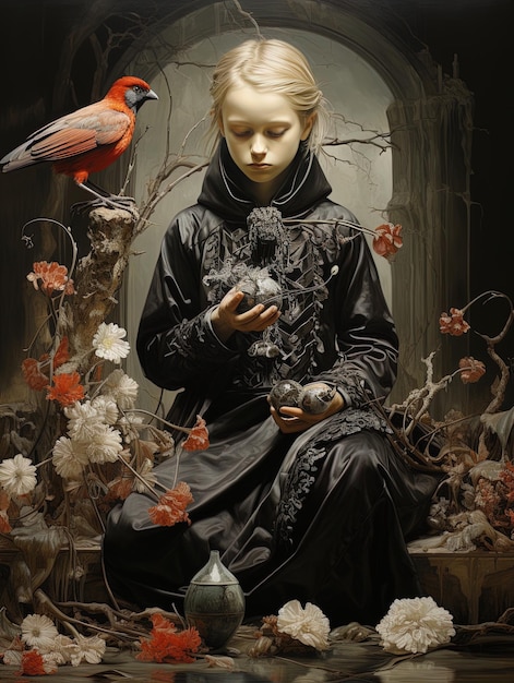 a painting of a girl and a bird with a bird in her hand