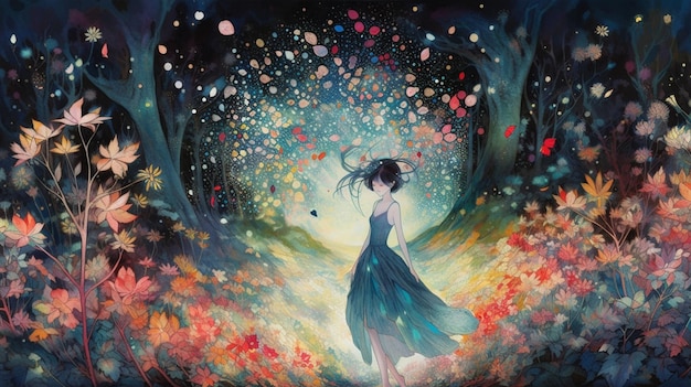 A painting of a girl in a blue dress with a flower in the middle of the image.