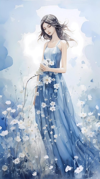 A painting of a girl in a blue dress with white flowers.