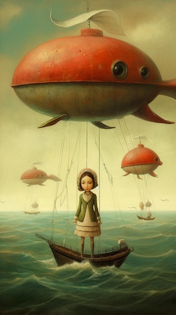 물고기와 풍선이 있는 배에 있는 소녀의 그림