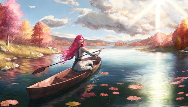 a painting of a girl in a canoe with the words  pink  on the bottom