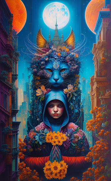 A painting of a girl and a cat