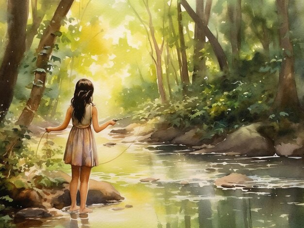 painting of a girl in a dress standing in a stream with a fishing rod generative ai