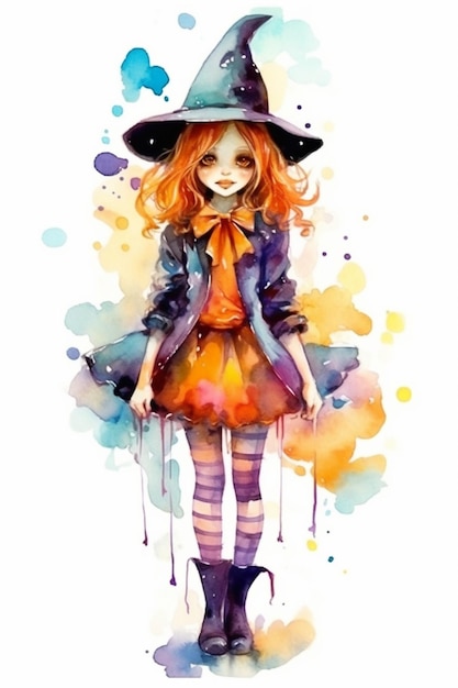 A painting of a girl dressed in a witch costume and hat generative ai