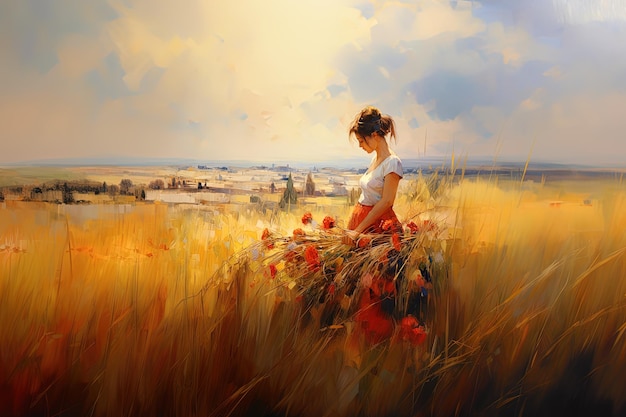 a painting of a girl in a field of wheat