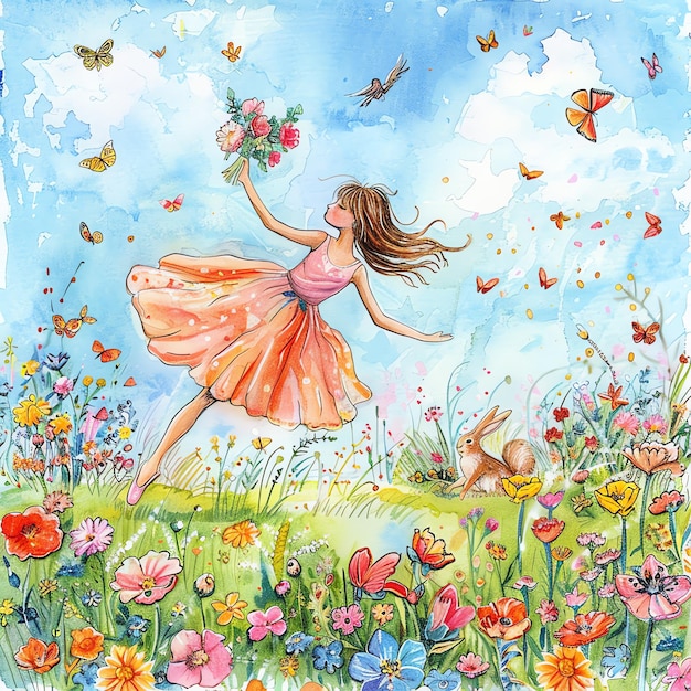 a painting of a girl in a field with butterflies and butterflies