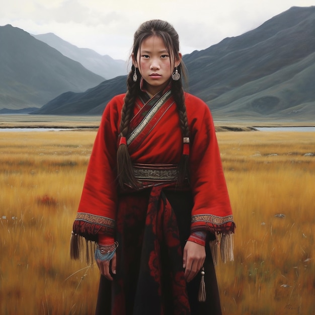 A painting of a girl in a field with mountains in the background