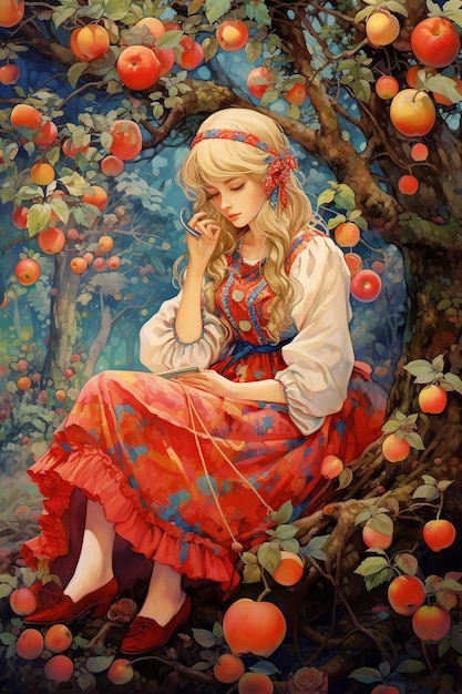 Photo a painting of a girl in a forest with apples.