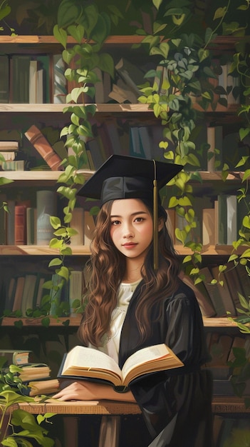 painting of a girl in a graduation gown reading a book generative ai