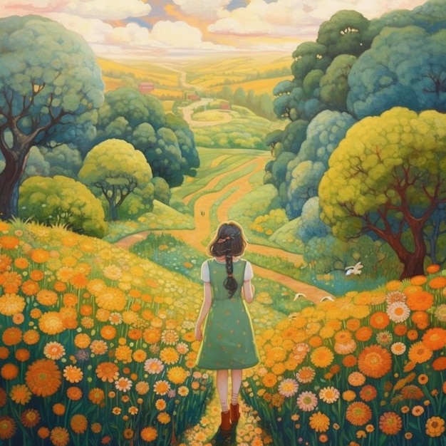 painting of a girl in a green dress walking down a path through a field of flowers generative ai