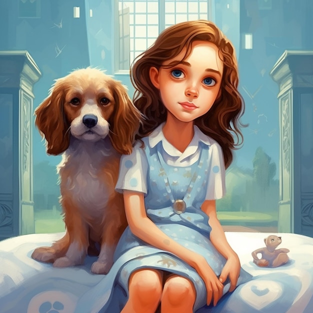 painting of a girl and her dog sitting on a bed generative ai