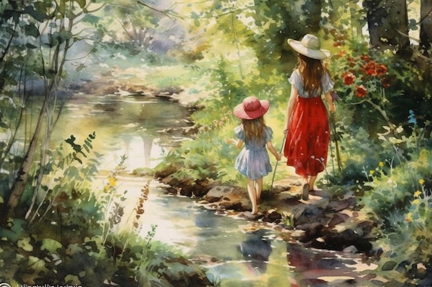 A painting of a girl and her mother walking along a stream.