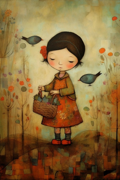 A painting of a girl holding a basket of flowers and a bird in the background.