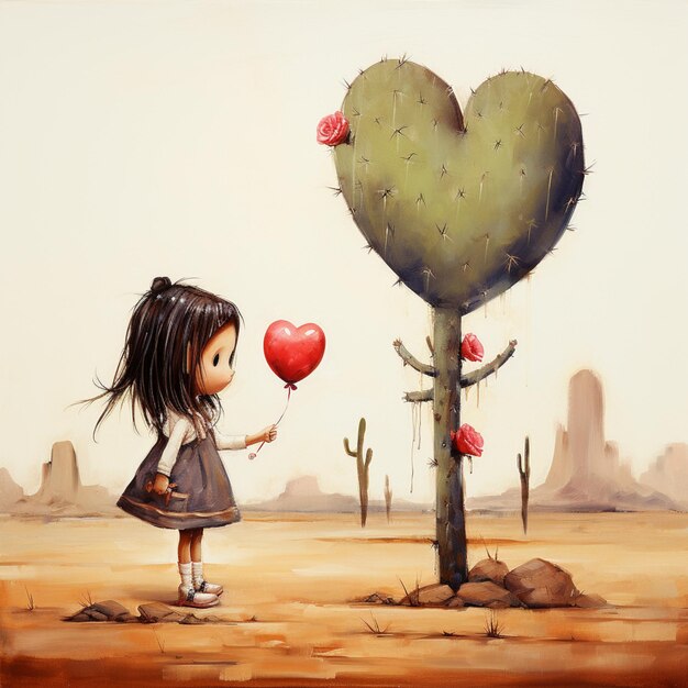 Painting of a girl holding a heart shaped balloon in front of a cactus generative ai