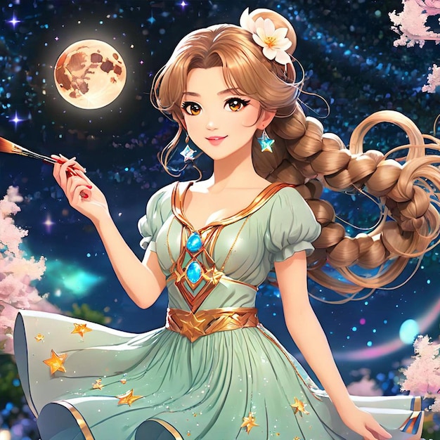 A painting of girl holding a paint brush and a moon in the background