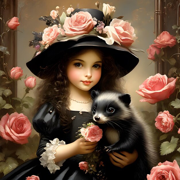 Photo a painting of a girl holding a raccoon and a raccoon