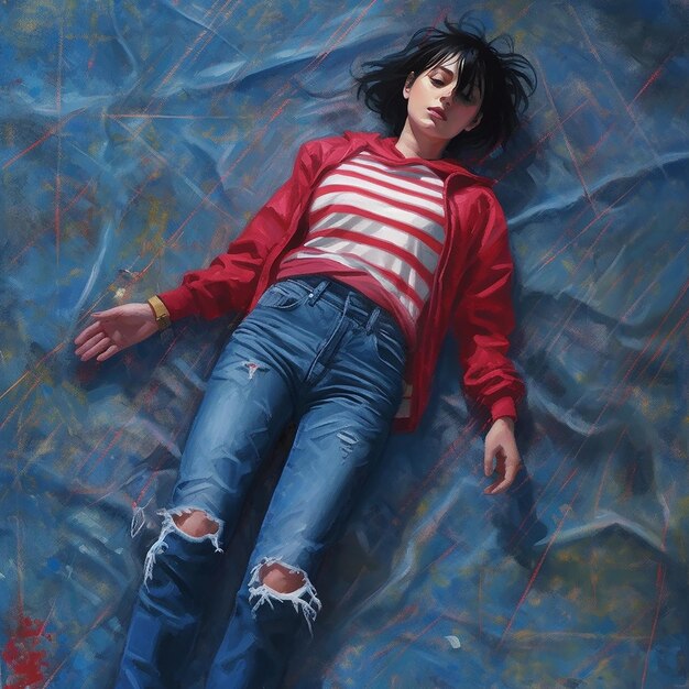 a painting of a girl laying on a blue surface with the words " she's laying on it.