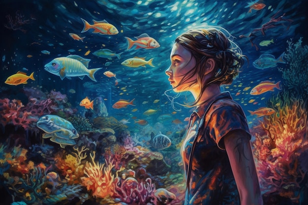 A painting of a girl looking at a fish tank.