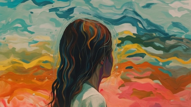 Картина с изображением девушки, смотрящей на пейзаж.