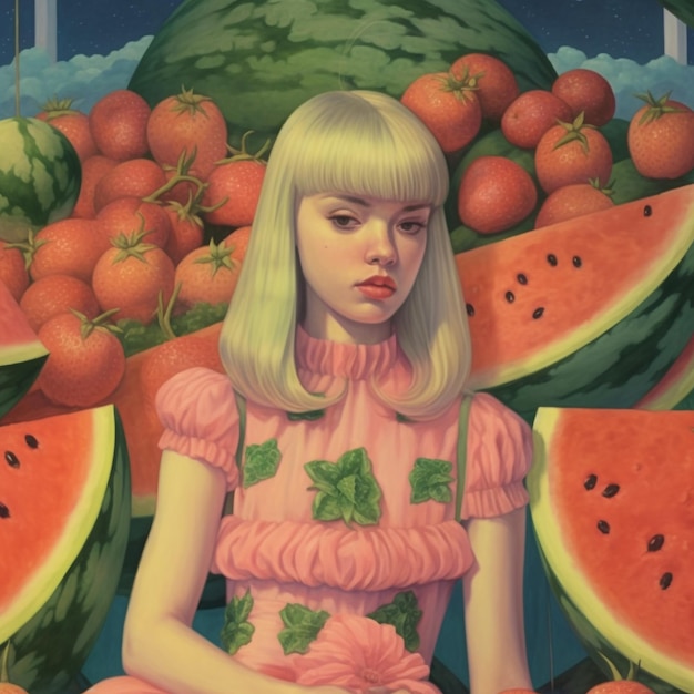 Photo a painting of a girl in a pink dress with a bunch of watermelons on the top.