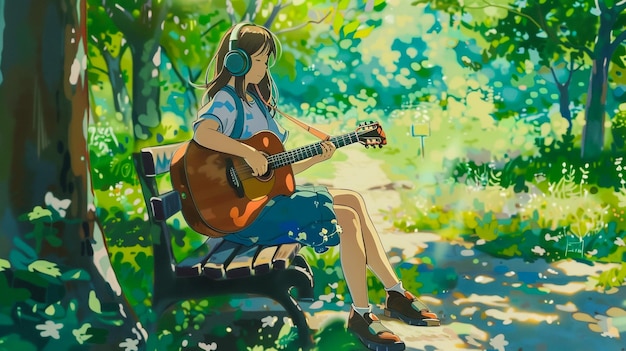 a painting of a girl playing guitar and listening to music