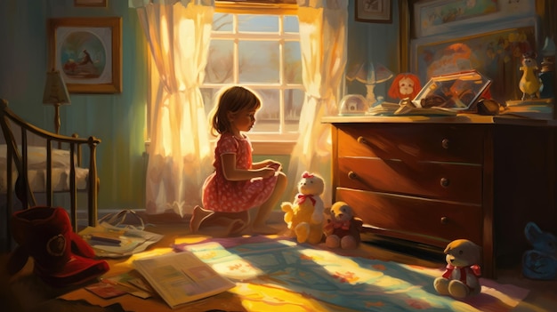 A painting of a girl playing with her toys