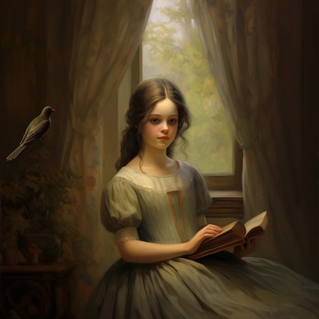 a painting of a girl reading a book by painting artist