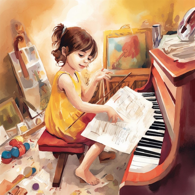 A painting of a girl reading a book in front of a piano.