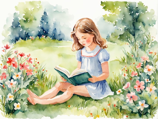 a painting of a girl reading a book in the grass watercolor illustration on white background Inter