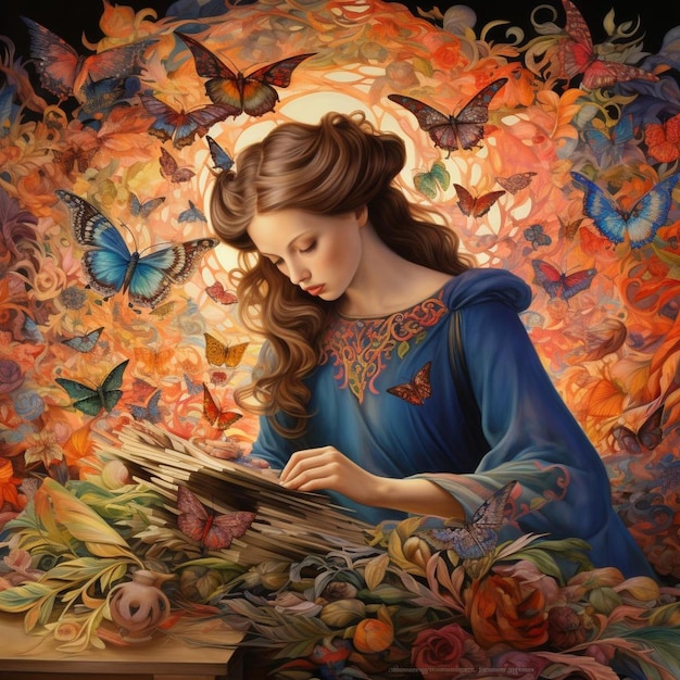 A painting of a girl reading a book with butterflies and butterflies.
