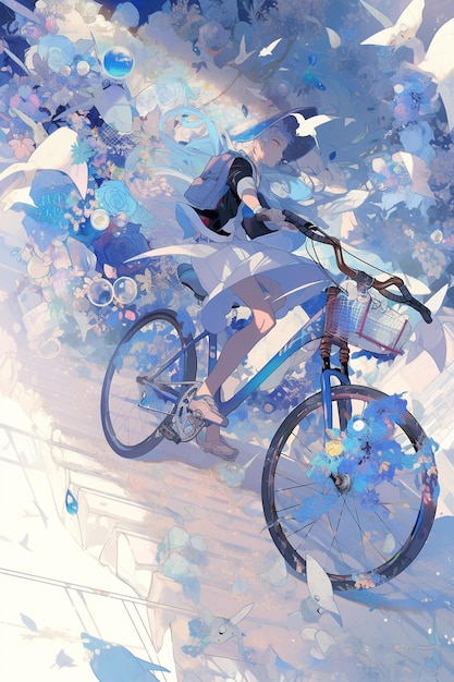 A painting of a girl riding a bike with a basket on the front.