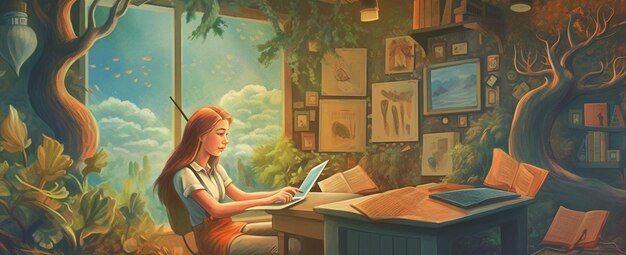 painting of a girl sitting at a desk with a laptop computer generative ai