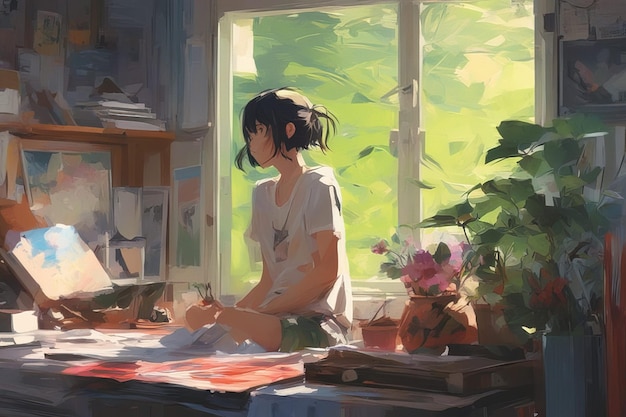 a painting of a girl sitting in front of a window with a plant in the foreground.