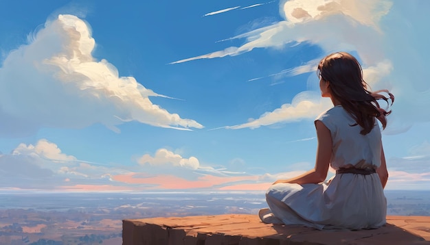 空を見ながら崖っちに座っている女の子の絵画