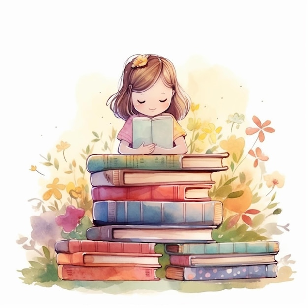 A painting of a girl sitting on a stack of books reading generative ai