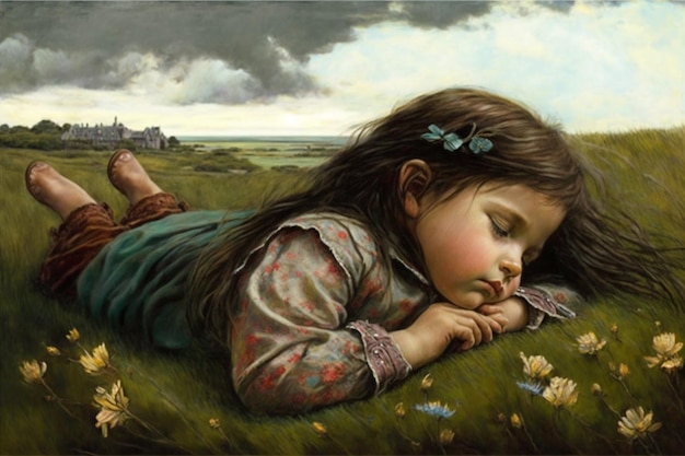 A painting of a girl sleeping in a field.