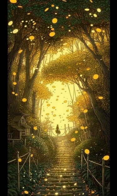 照片一幅画一个女孩站在一个森林的黄灯闪亮。