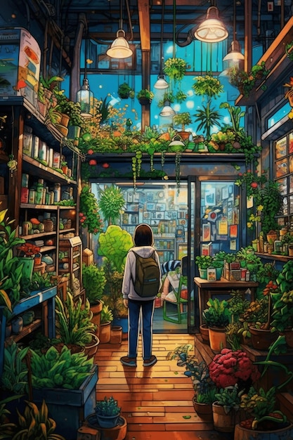 A painting of a girl in a store with plants and a blue sky.