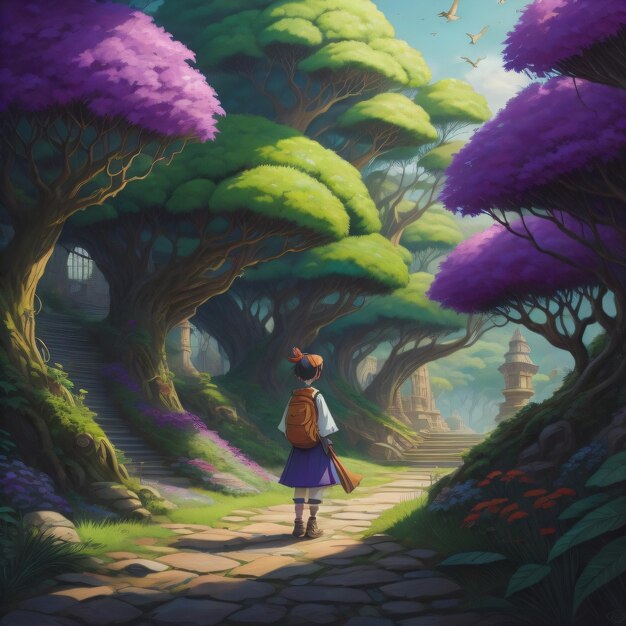 A painting of a girl walking down a path with a blue sky and trees in the background