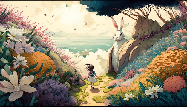 A painting of a girl walking down a path with a rabbit on it.