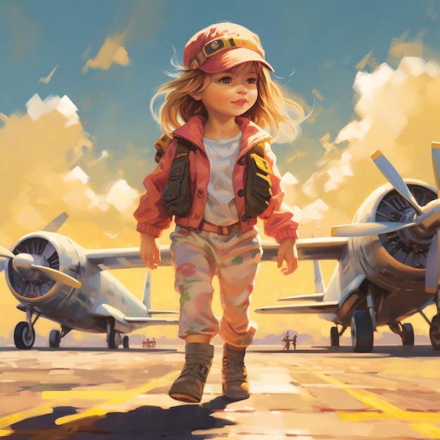 Photo painting of a girl walking towards a plane on a runway generative ai